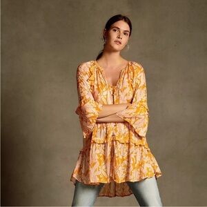 Anthropologie Mia Tiered Tunic Floral Print Yellow Orange Size XS